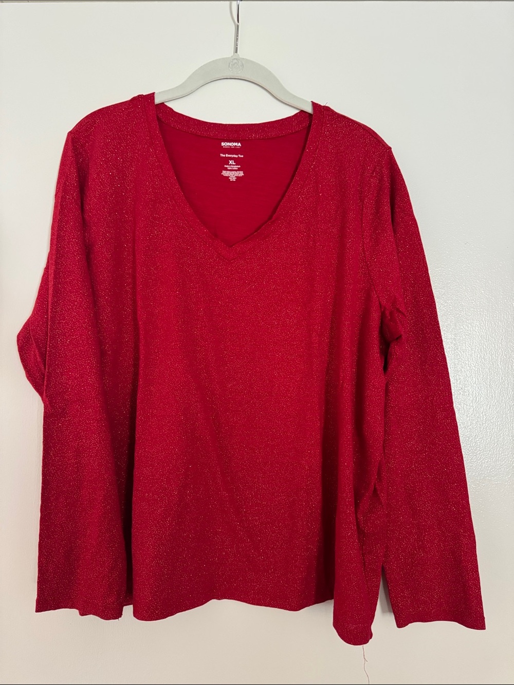 Sonoma Red Shimmer Sparkle V-Neck Long Sleeve Top